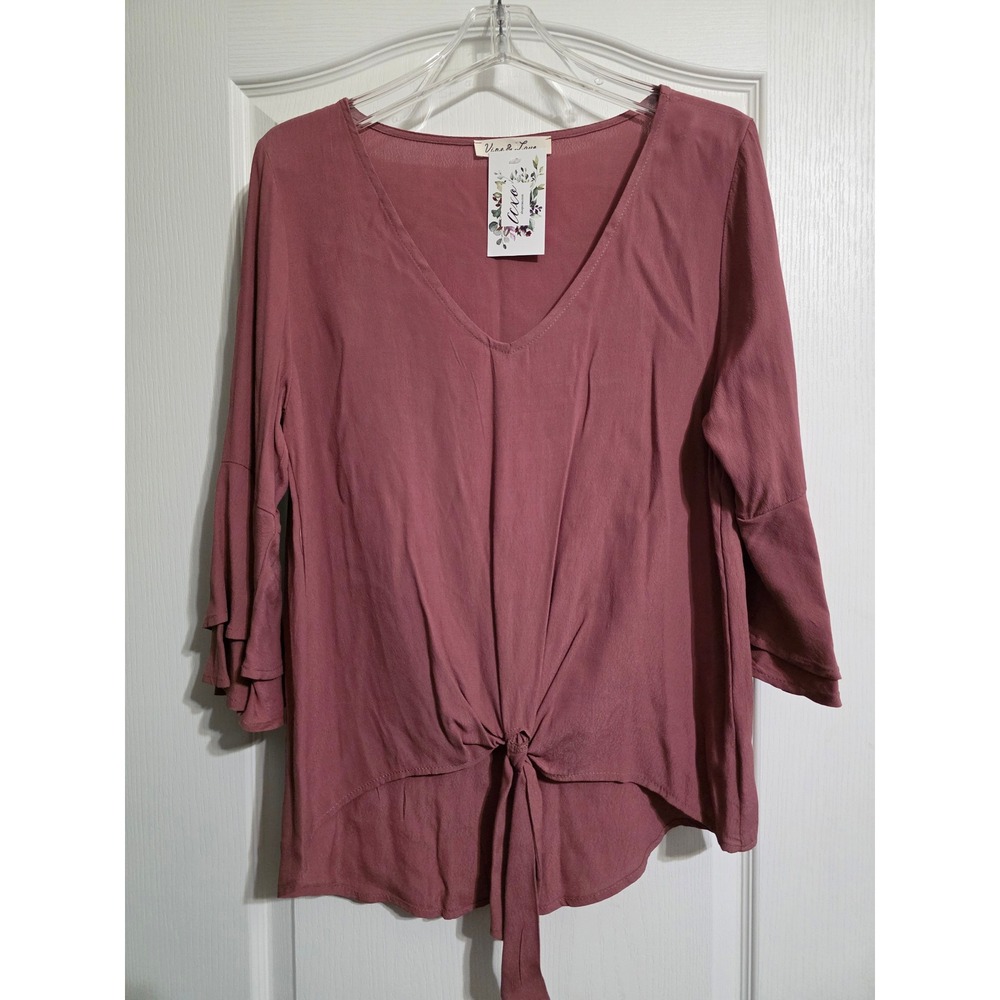 Vine & Love Top Women's S Mauve Tie Front Bell Sleeve V-Neck.  Fall Office Cozy